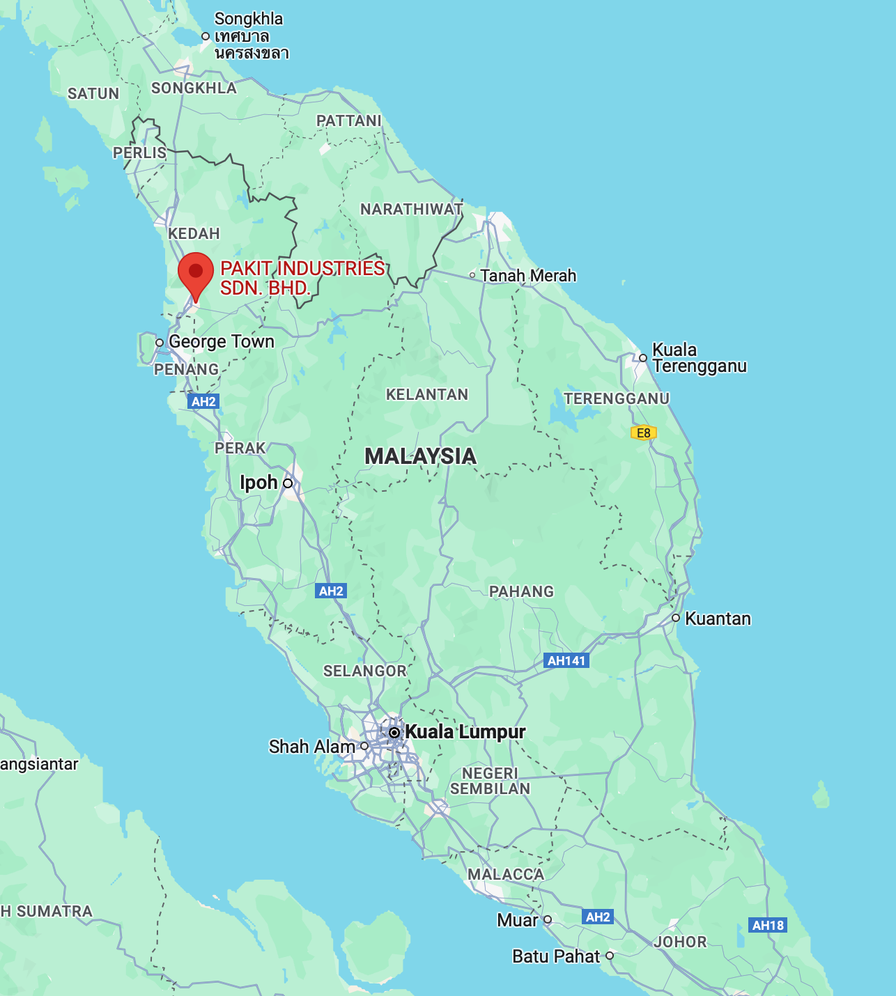 Map showing Pakit Industries location in Kedah, Malaysia